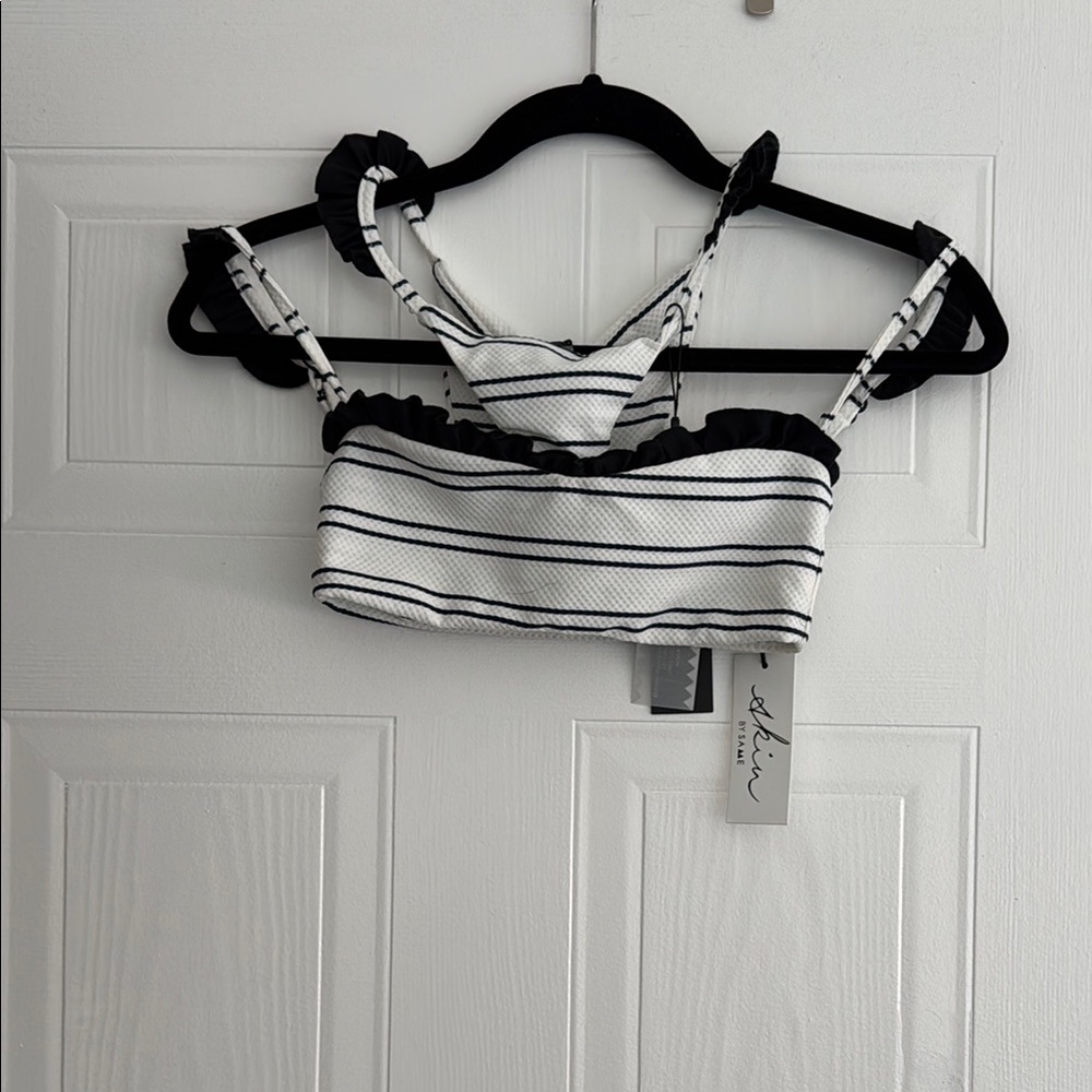SAME Black and White Striped Bikini Top and bottom with Ruffles
